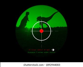 Illustration. Silhouette Of The Allosaurus Dinosaur, Bipedal Predator. Jurassic Animal. Night Vision. Long Range Sniper Telescopes. Accuracy In Nocturnal Conditions. Reticle In The First Focal Plane.