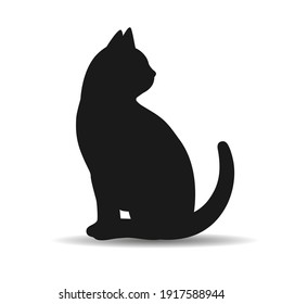 Illustration Of A Silhouette Of A Black Cat With Shadow On A White Background