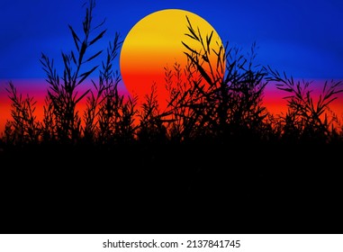 A Illustration Silhouettes Of Mustard Crop Field Sunset Abstract Blue Background