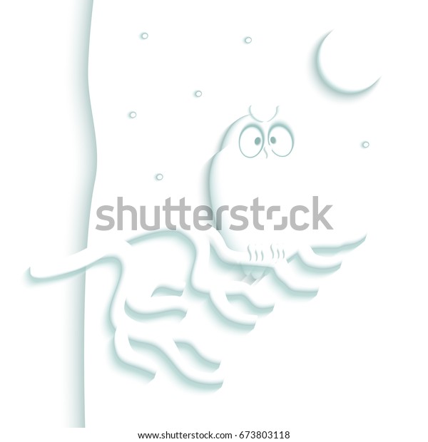 illustration of a simulation 3d sculpture. White\
owl sitting on a tree branch against the night star sky and luna.\
Embossed picture for decorative greeting cards or flyers. Raster\
copy.