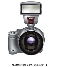 Illustration of the single-lens reflex camera with the electronic flash./ Colorful camera. Silver.