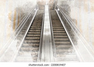 Illustration Sketch Of A Dirty And Grungy Escalator From Brussels Subway