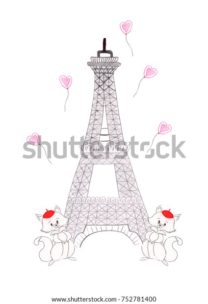 Illustration Sketch Drawing Pencils Eiffel Tower Stock