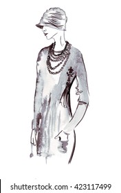 Illustration sketch the female in different trendy retro vintage clothing