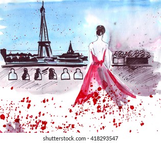 Illustration sketch girl in the lush dress in the French capital Paris on a background of the Eiffel Tower Sights
