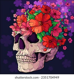 illustration skull and flowers