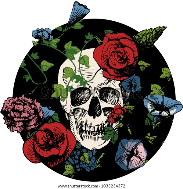 Illustration Skull Surrounded Covered Plants Flowers Stock Illustration