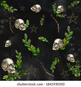 An Illustration With Skulls And Leaves On A Black Background, Perfect For Halloween Projects, Witchy Decorations Etc.  