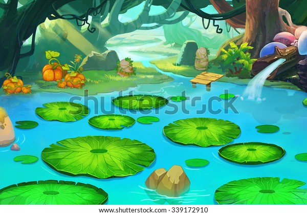 イラスト 忘れられた森の中に眠る池 リアルなマンガ風のシーン 壁紙 背景デザイン のイラスト素材