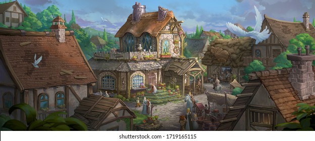 An Illustration Of The Small Medieval Fantasy Garden House In A Town With Many Cute Flower Pots And Beautiful Blue Sky Scenery.
