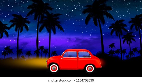 Illustration Of A Small Red Car, Night View Of Palm Trees, Seashore With Sunset, Starry Sky, Travel By Car