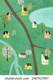 Illustration With Small Town, Map. Minimalistic Scandinavian Style.