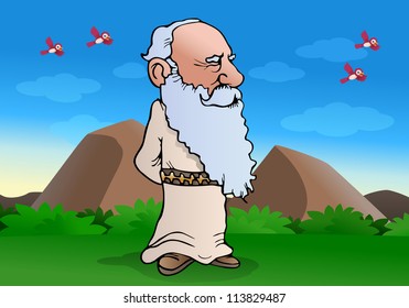 illustration of a smart experienced wise Old man doing muse on nature background