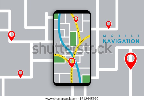 Illustration of smartphone\
with mobile navigation. Smartphone map application and red pinpoint\
on screen.