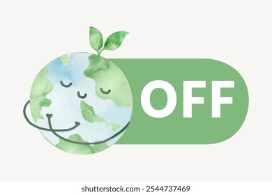 Illustration of a smiling Earth with a green 'OFF' button. Earth, green, and 'OFF' symbolize environmental awareness and sustainability. Earth and green theme. - Powered by Shutterstock