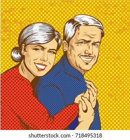 Illustration Of Smiling Mature Couple In Retro Pop Art Comic Style. Happy Family Concept.