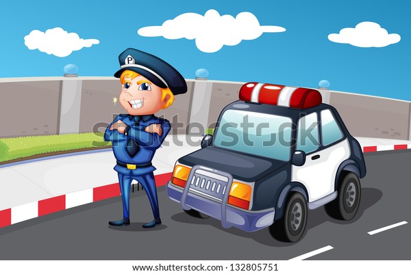 Illustration of\
a smiling police officer at the\
street