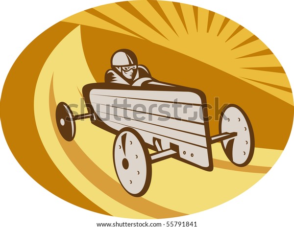 illustration of a Soap box derby car racing\
with sunburst in the\
background.