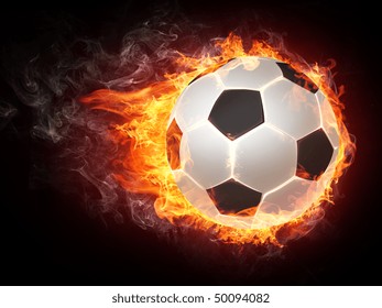 Illustration of the soccer ball enveloped in flames of fire isolated on black background. 