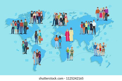  Illustration Of Social And Demographic World Map On Blue Background. Multi Ethic People In Groups.