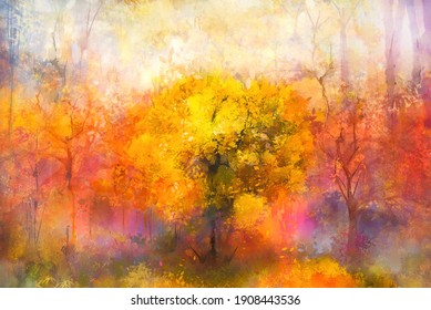 Illustration soft colorful autumn forest. Abstract fall season, yellow and red leaf on tree, outdoor landscape. Nature painting pastel design with watercolor paint. Modern art for wallpaper background