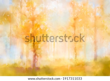 Illustration soft colorful autumn forest. Abstract fall season, yellow and red leaf on tree, outdoor landscape. Nature painting pastel design with watercolor paint. Modern art for wallpaper background