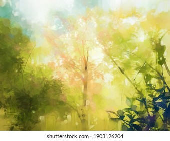 Illustration soft colorful forest and sky. Abstract spring season, outdoor landscape with yellow and green leaf on tree. Nature painting pastel design with watercolor paint. Modern art for background