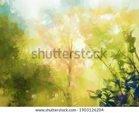 Illustration soft colorful forest and sky. Abstract spring season, outdoor landscape with yellow and green leaf on tree. Nature painting pastel design with watercolor paint. Modern art for background