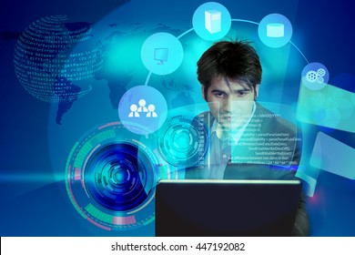 illustration of software engineer analyzing the code with enterprise system integration concept, this also used for business man reviewing annual results, architect presenting software designs