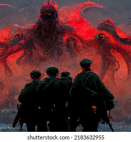 Illustration Of Soldiers Fighting With A Cthulu Like Beast 