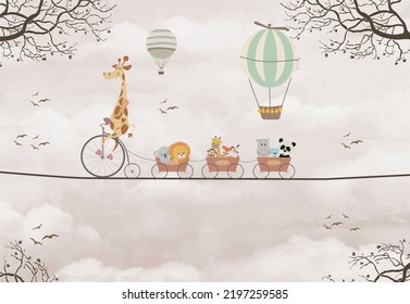 illustration of some animals and a giraffe on a bicycle walking on a rope