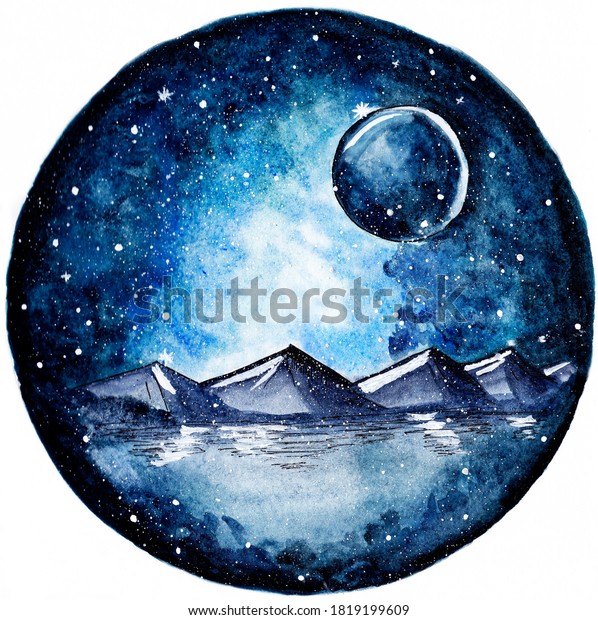 Illustration of space in watercolor\
technique. Star drawing on an indigo background. Snowy mountains.\
Large Moon. Round outline. Reflection of mountains on the water\
surface. Grunge\
background.