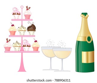 An Illustration Of A Sparkling Champagne Afternoon Tea With Facy Cake Stand And Bottle On A White Background