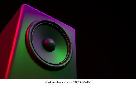 Illustration Of Speaker Sound System With Green, Red And Purple Lights, 3D Rendered Illustration