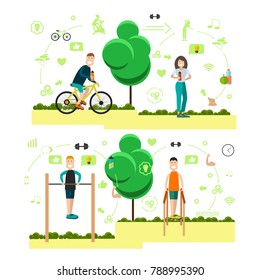 Illustration Of Sportsmen Performing Horizontal Bar And Parallel Bars Exercises, Fitness Girl, Biker Going Cycling. Training Outside People Flat Symbols, Icons Isolated On White Background.