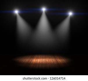 Illustration of Spotlights on empty old wooden stage