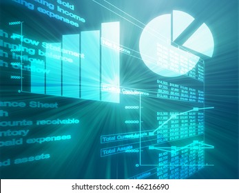 Illustration Of Spreadsheet Data And Business Charts In Glowing Wireframe Style