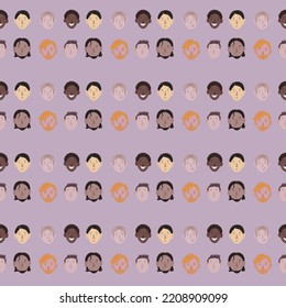 Illustration, Square Format, Seamless Pattern. A Group Of Smiling Men, Many Individuals, Of Different Nationalities In Pastel Colors On A Lilac Background. Concept Of Individuality And Unity