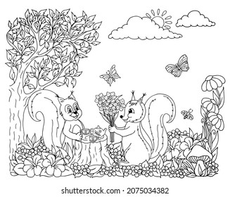 Illustration. Squirrels are drinking tea under a tree in a flower meadow. Coloring book. Antistress for adults and children. The work was done in manual mode. Black and white.
