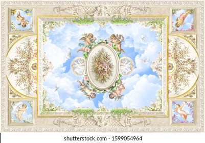 Illustration in stained glass style with cartoon angel in blue dress against the cloudy sky,round image in bright frame