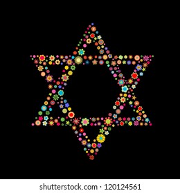 illustration  Star of David shape  made up a lot of  multicolored small flowers on the black background