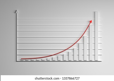Illustration with statistics elements. Growing exponential function with red arrow. 3d illustration.