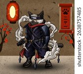 Illustration of a stealthy cat ninja amid swirling smoke in a traditional Japanese courtyard