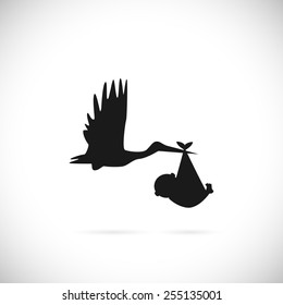Illustration of a stork carrying a baby isolated on a white background.