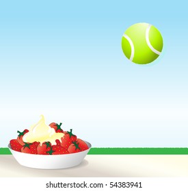 An Illustration Of Strawberries And Cream With A Tennis Ball Against Blue Sky. Wimbledon Concept With Space For Text.