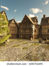 Illustration of a street scene set in a European town during the Middle Ages or Medieval period with bright sunshine and blue sky, 3d digitally rendered illustration, 3d rendering