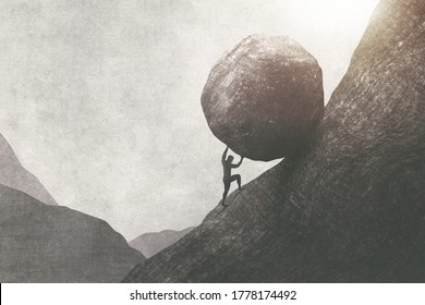 illustration of strong man pushing big rock uphill, surreal concept