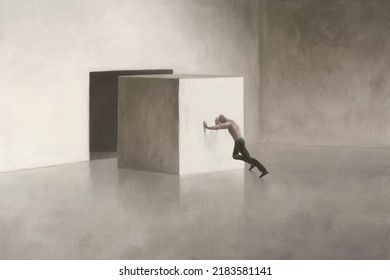 Illustration Of Strong Man Pushing A Big Heavy Cube In A Squared Shaped Hole, Surreal Challenge Concept