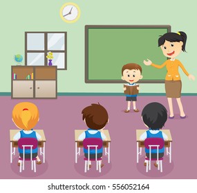 illustration of  Students boy reading book in front of Classroom. - Powered by Shutterstock