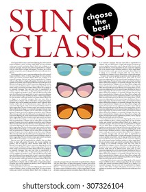 Illustration Of With Stylish Sunglasses For Magazine. Illustration With Text Space. Set Of Stylish Hipster Sunglasses. Magazine Article Design Template.